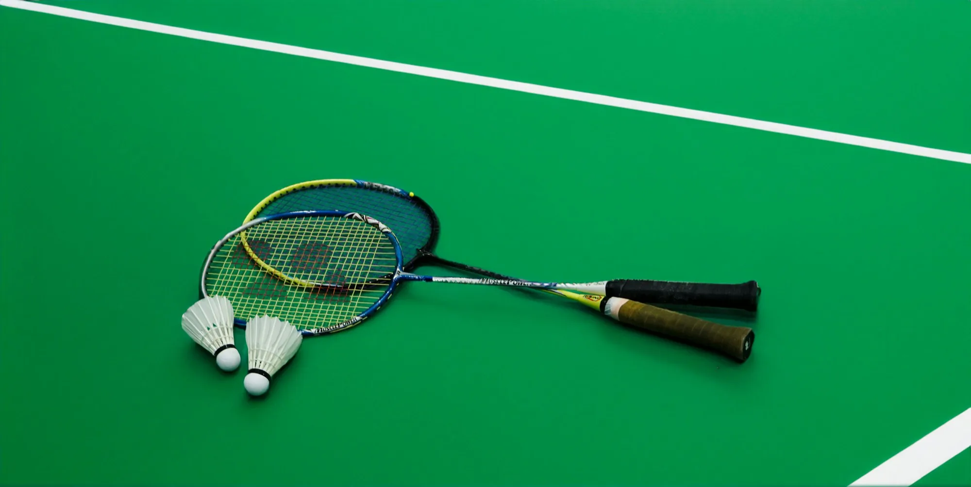 Two badminton rackets and two shuttlecocks lying on a green badminton court with white lines