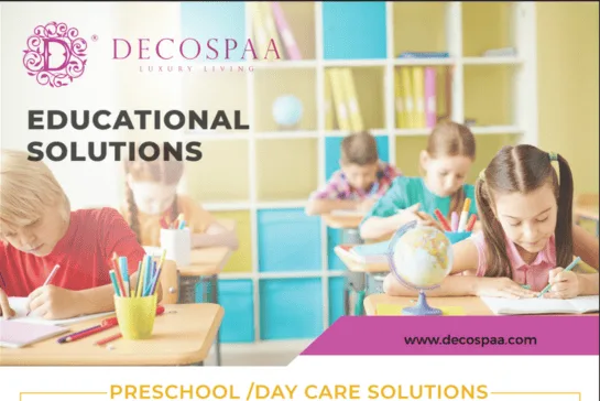 Cover of the Educational Infrastructure and Learning Solutions catalogue, children drawing in a classroom