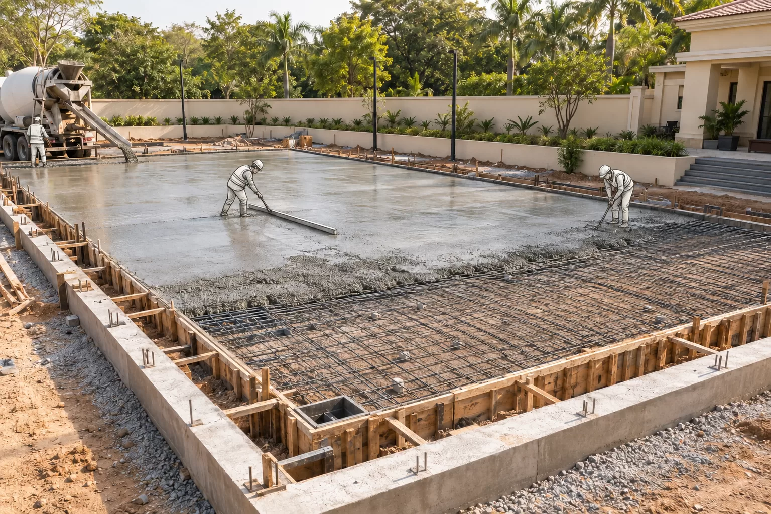 Workers levelling a freshly poured reinforced concrete slab for a padel court, with a concrete mixer behind