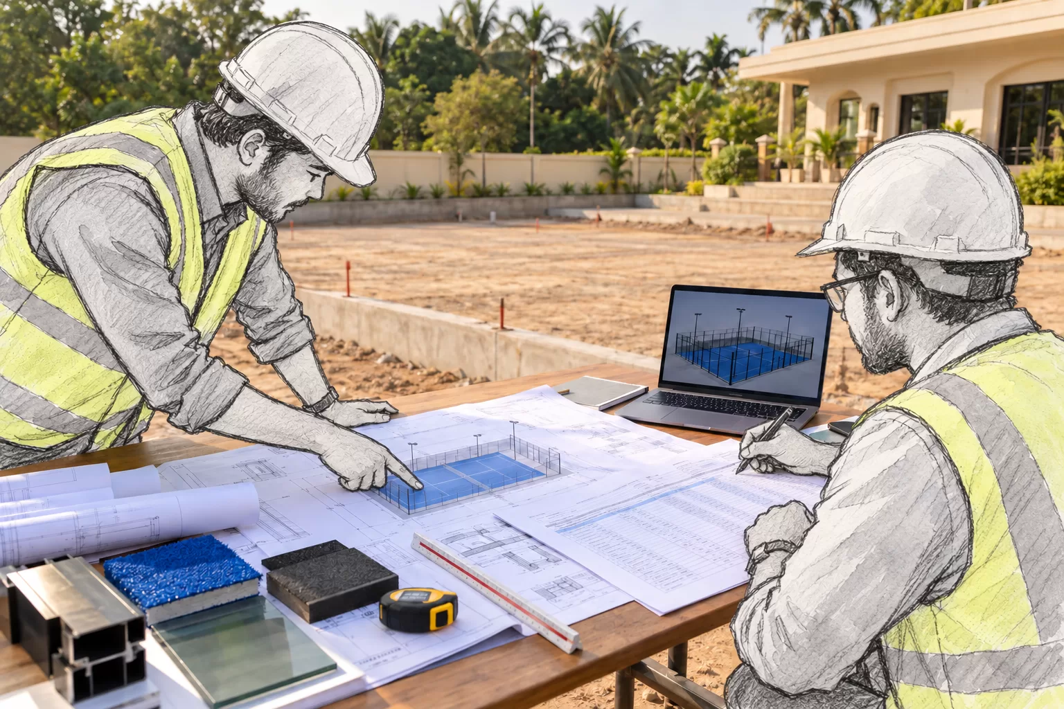 Two engineers reviewing padel court drawings and a bill of quantities, with turf, glass and steel samples on the table
