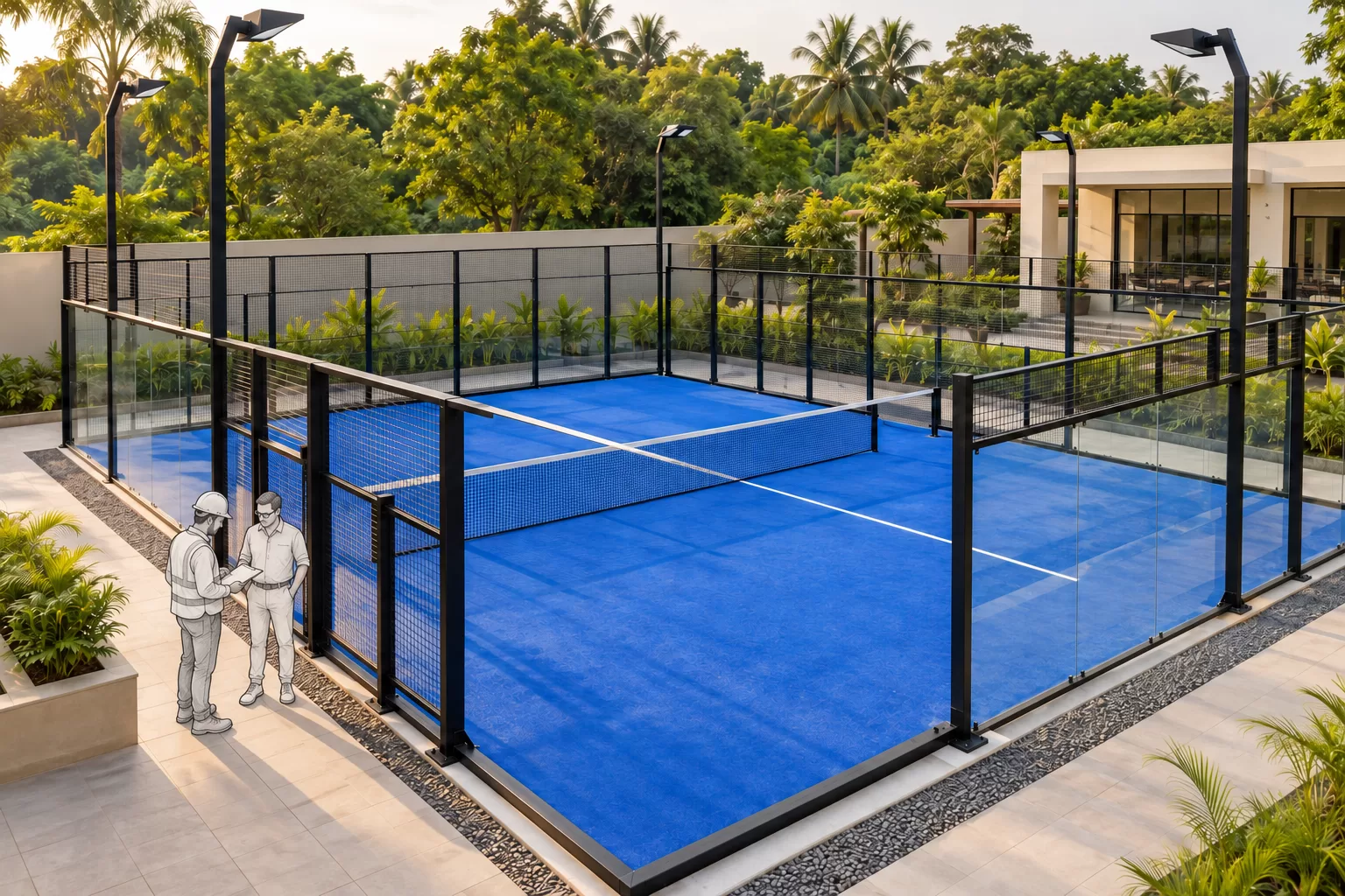 Finished padel court with blue turf, glass and mesh walls, net and floodlights, ready to play