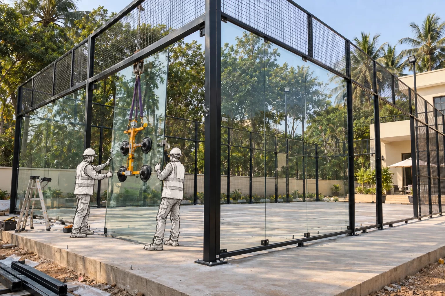 Workers lifting a toughened glass panel into the black steel frame of a padel court with a vacuum lifter