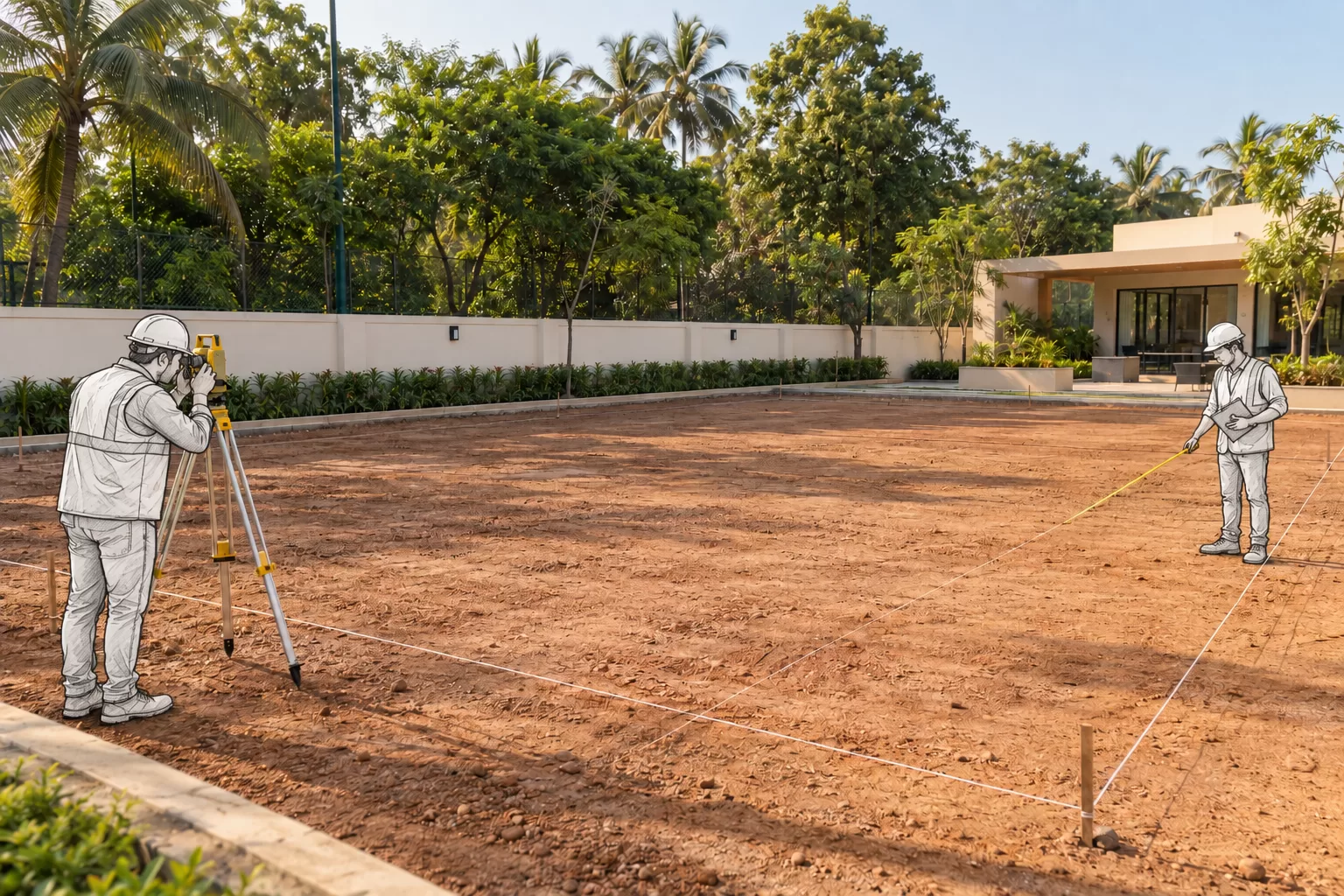 Engineer using a surveying instrument and a measuring line to check levels on bare ground before a padel court is built