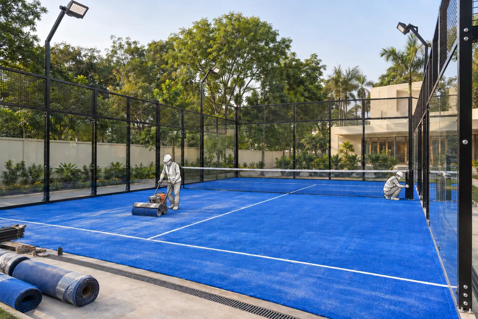 Worker rolling blue artificial turf on a padel court with floodlights and mesh walls already in place