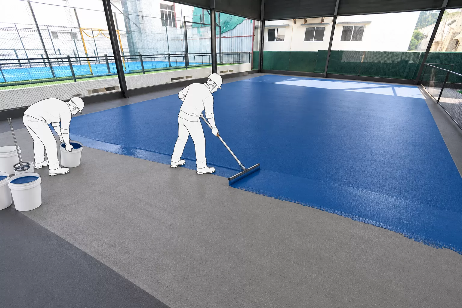 Worker spreading blue acrylic coating with a squeegee on a pickleball court base, with paint buckets beside him