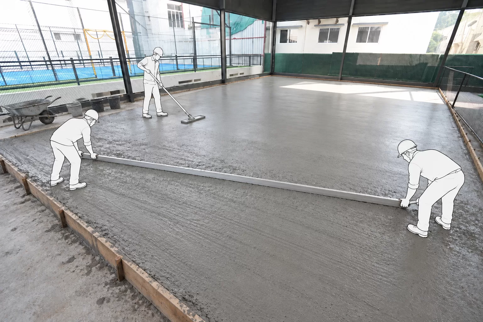 Workers levelling a freshly poured concrete base for a pickleball court with a screed bar between timber edge shuttering