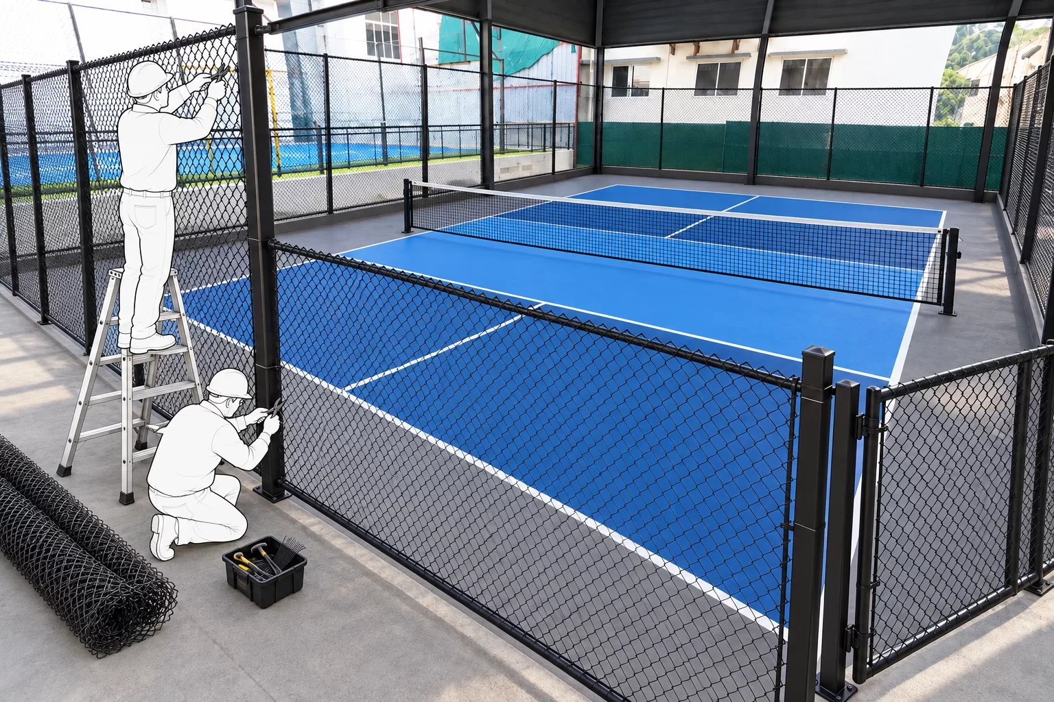 Workers fixing black chain-link fencing to steel posts around a blue pickleball court, with a roll of mesh on the ground