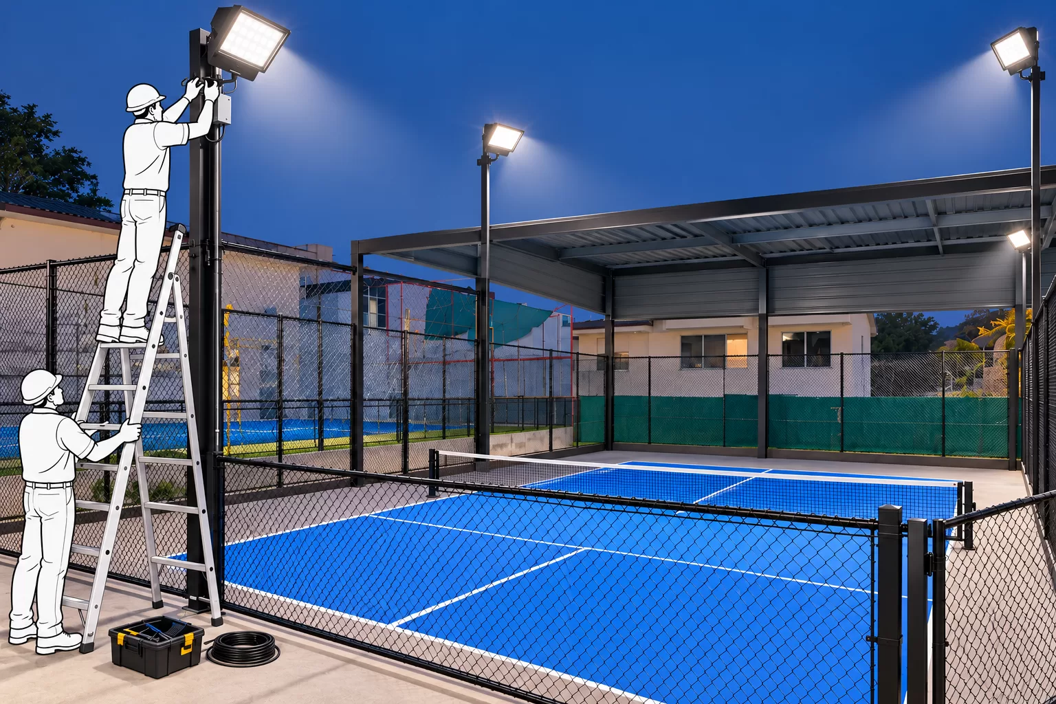 Workers on a ladder fitting an LED floodlight on a steel pole beside a fenced pickleball court at dusk