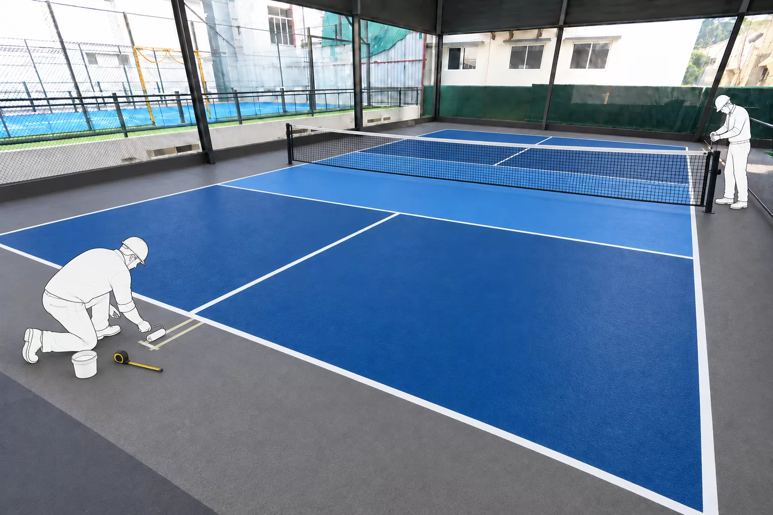 Worker kneeling to paint the white boundary lines on a blue pickleball court, with the net already up